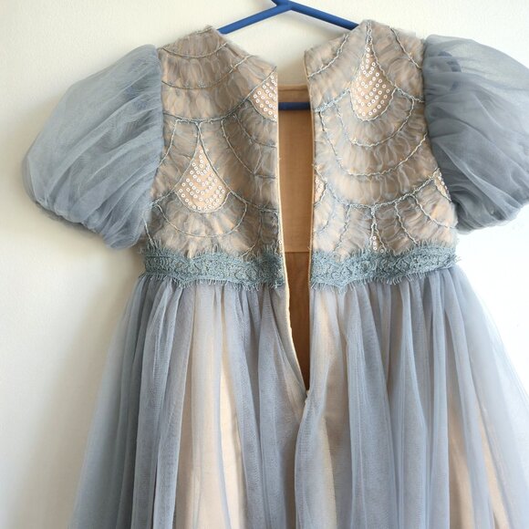 Trish Scully Child Dusty Blue Sequin Tulle Dress With Puff Sleeves | Size 5 - Picture 7 of 9